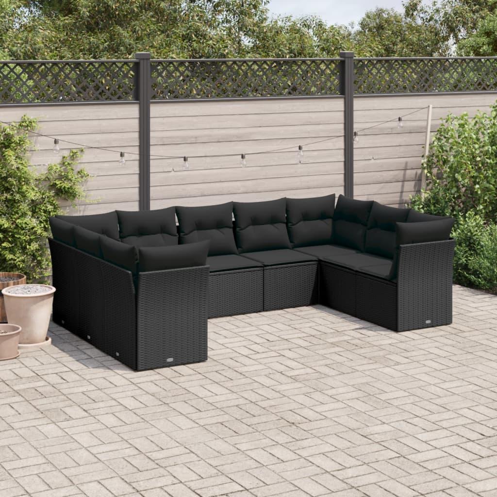 9 Piece Garden Sofa Set with Cushions Black Poly Rattan