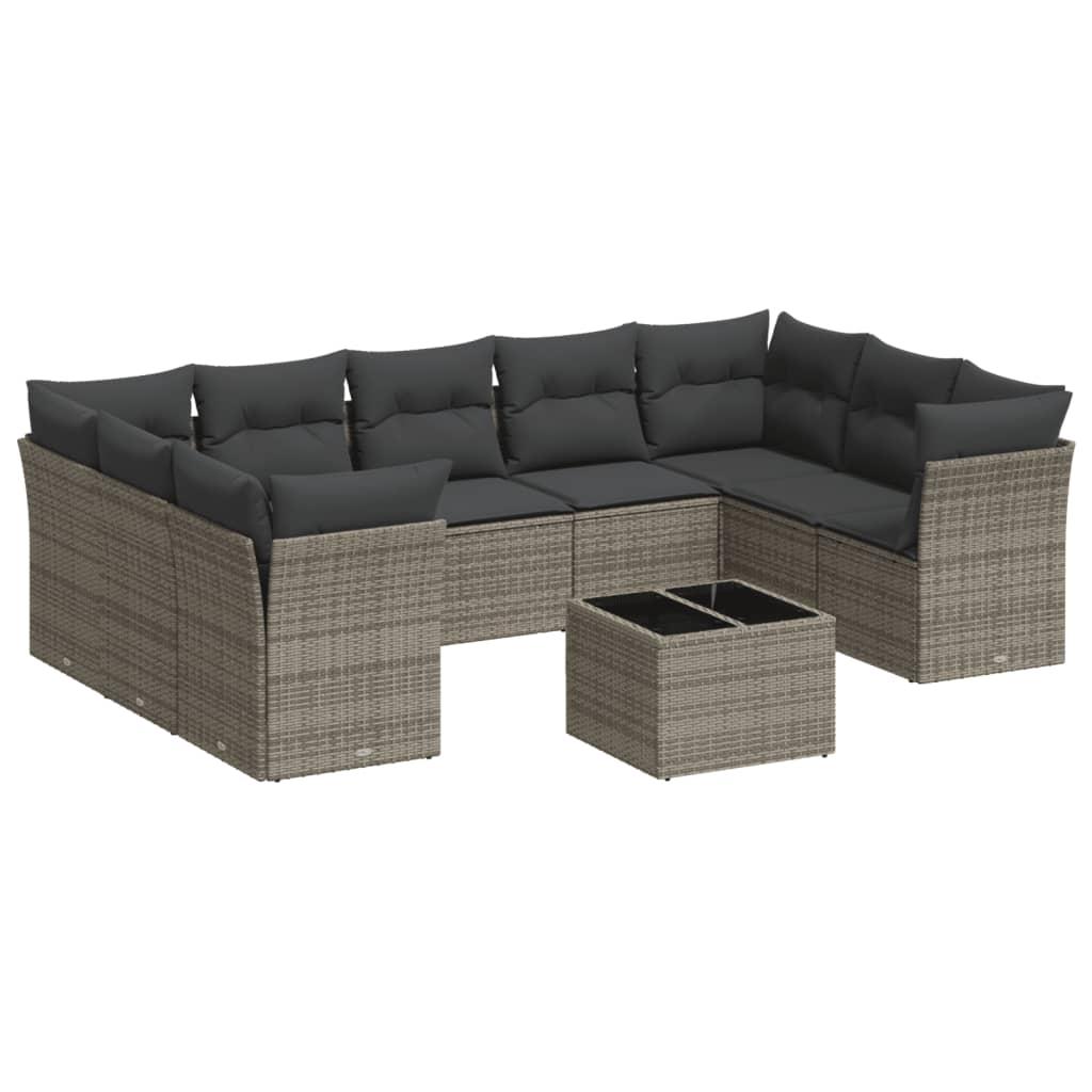 10 Piece Garden Sofa Set with Cushions Grey Poly Rattan