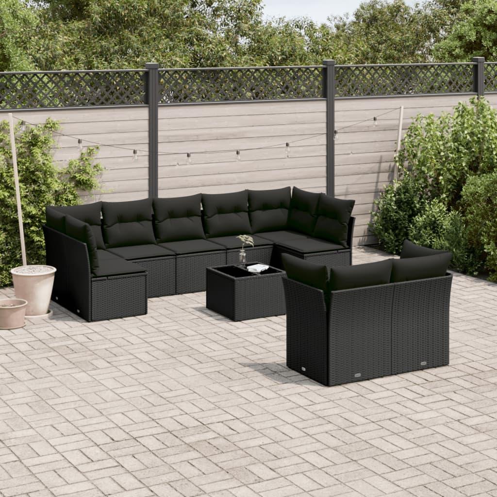 10 Piece Garden Sofa Set with Cushions Black Poly Rattan