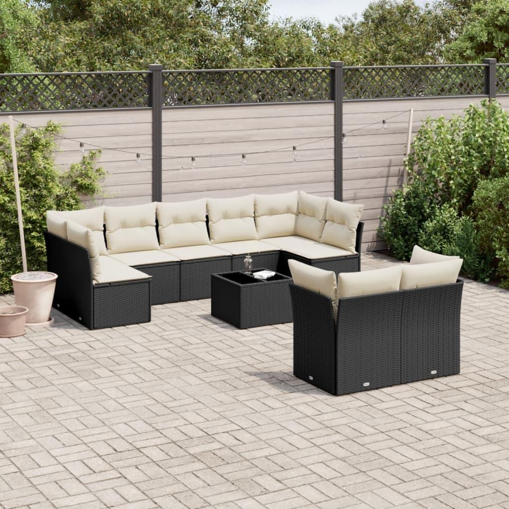 10 Piece Garden Sofa Set with Cushions Black Poly Rattan