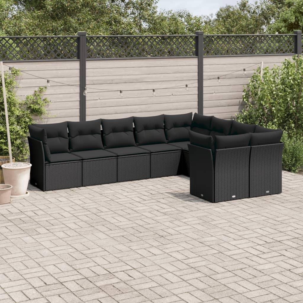 9 Piece Garden Sofa Set with Cushions Black Poly Rattan