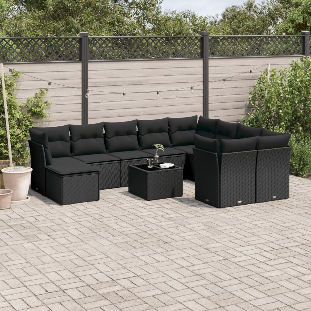 10 Piece Garden Sofa Set with Cushions Black Poly Rattan