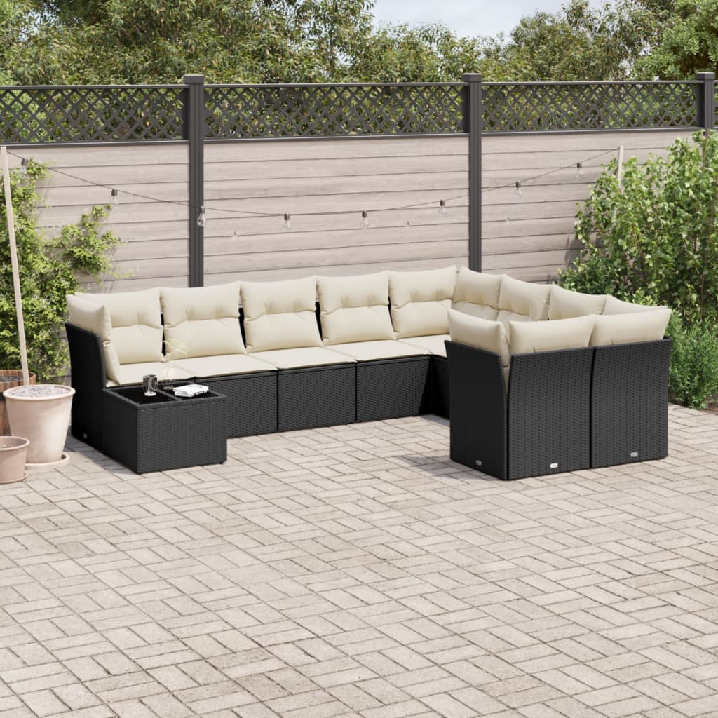 10 Piece Garden Sofa Set with Cushions Black Poly Rattan