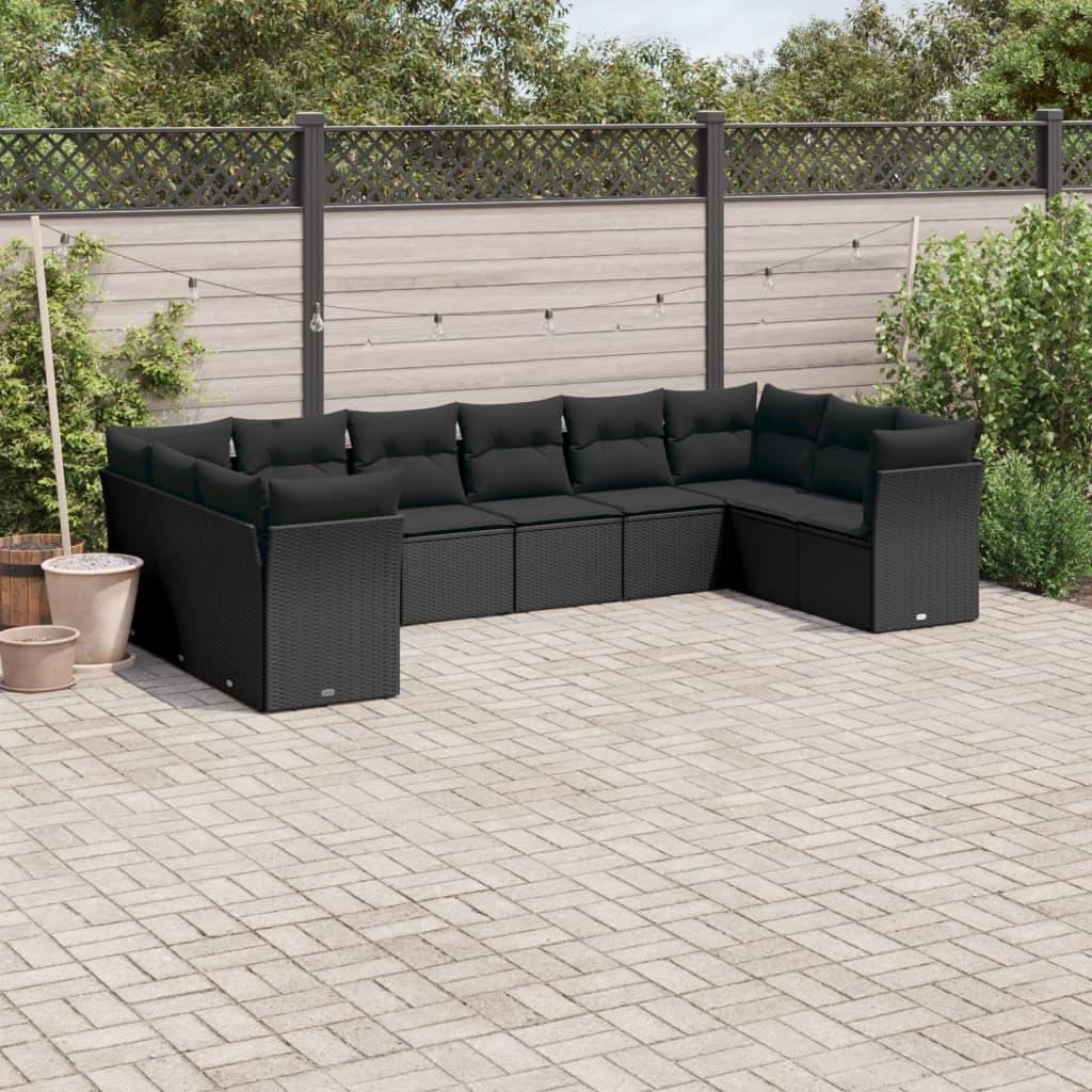 10 Piece Garden Sofa Set with Cushions Black Poly Rattan