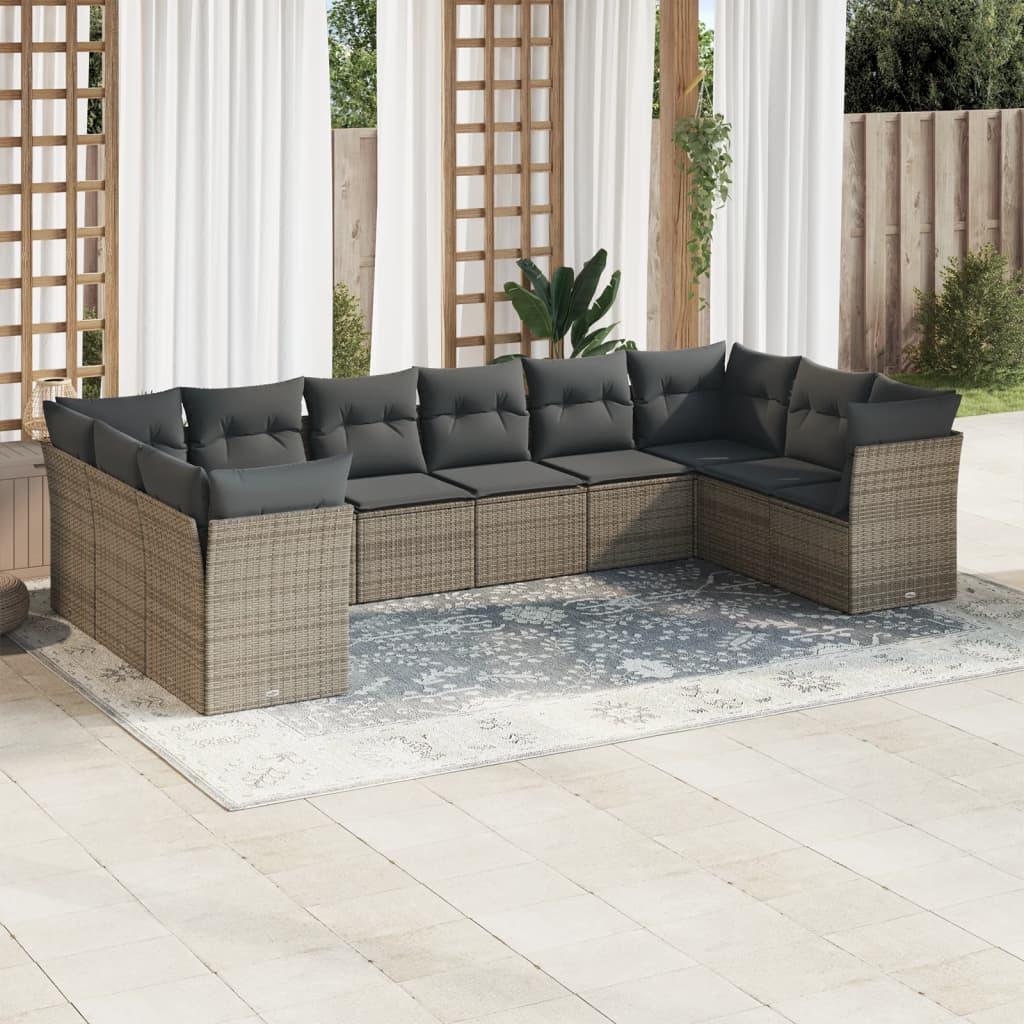 10 Piece Garden Sofa Set with Cushions Grey Poly Rattan