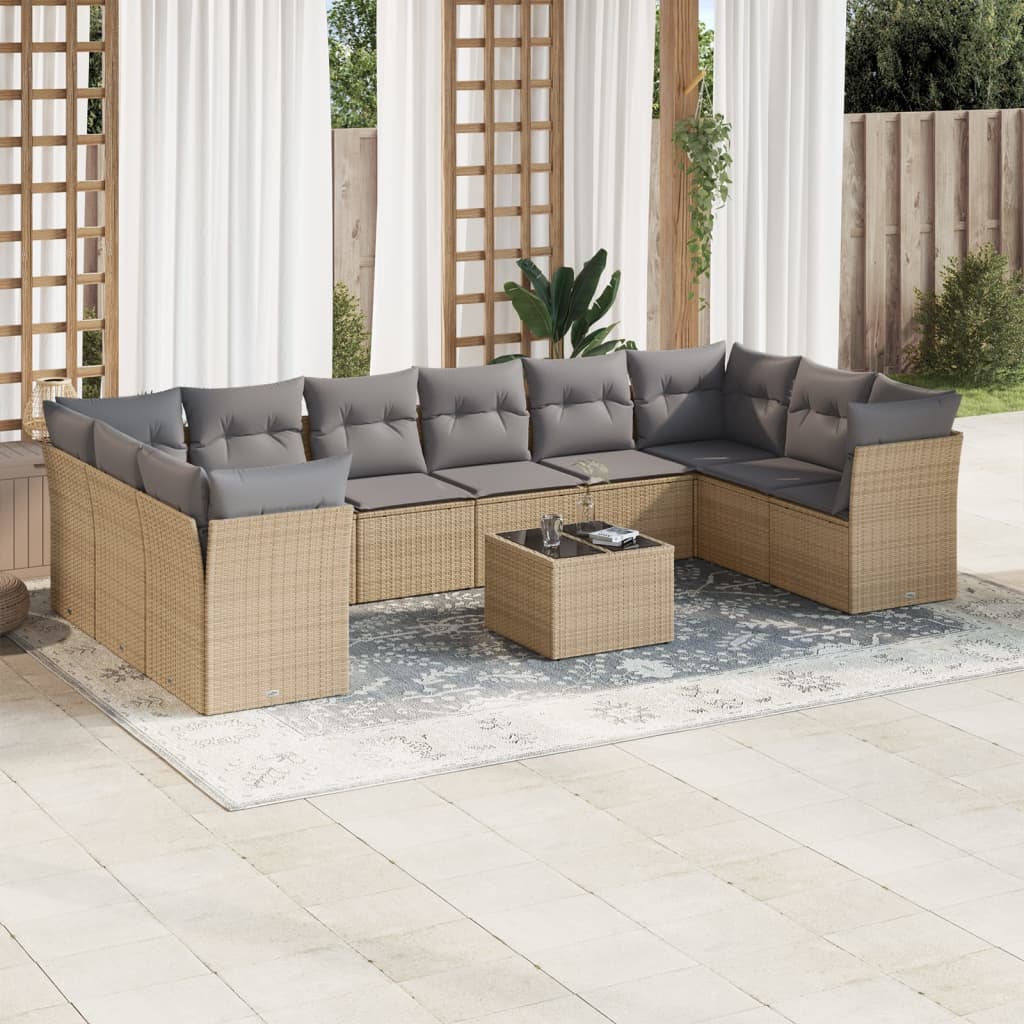 11 Piece Garden Sofa Set with Cushions Beige Poly Rattan