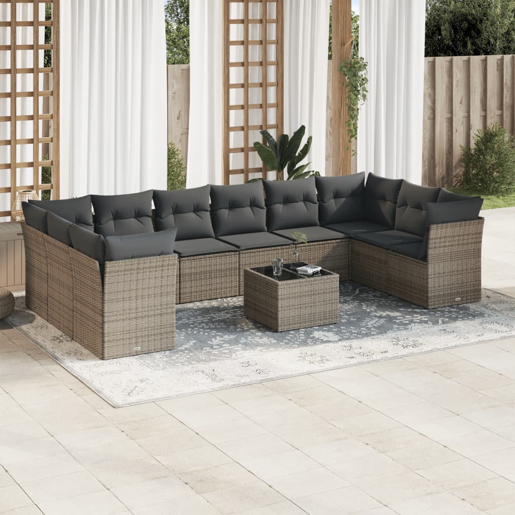 11 Piece Garden Sofa Set with Cushions Grey Poly Rattan