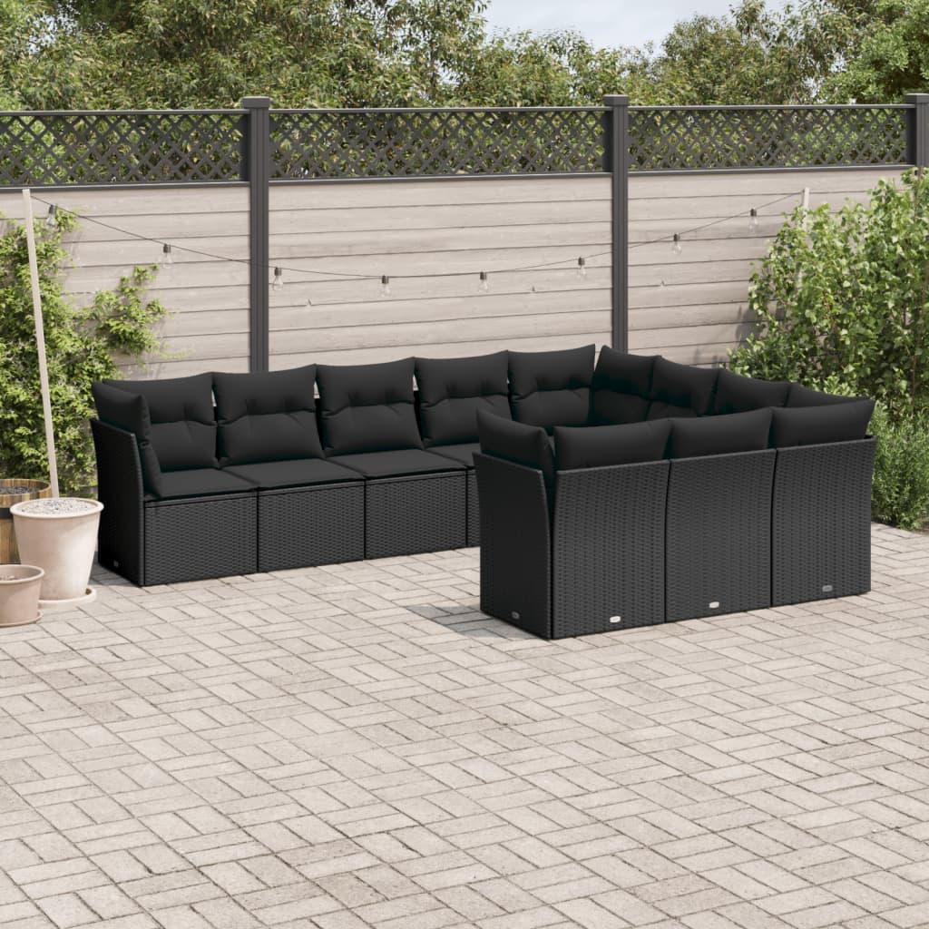 10 Piece Garden Sofa Set with Cushions Black Poly Rattan