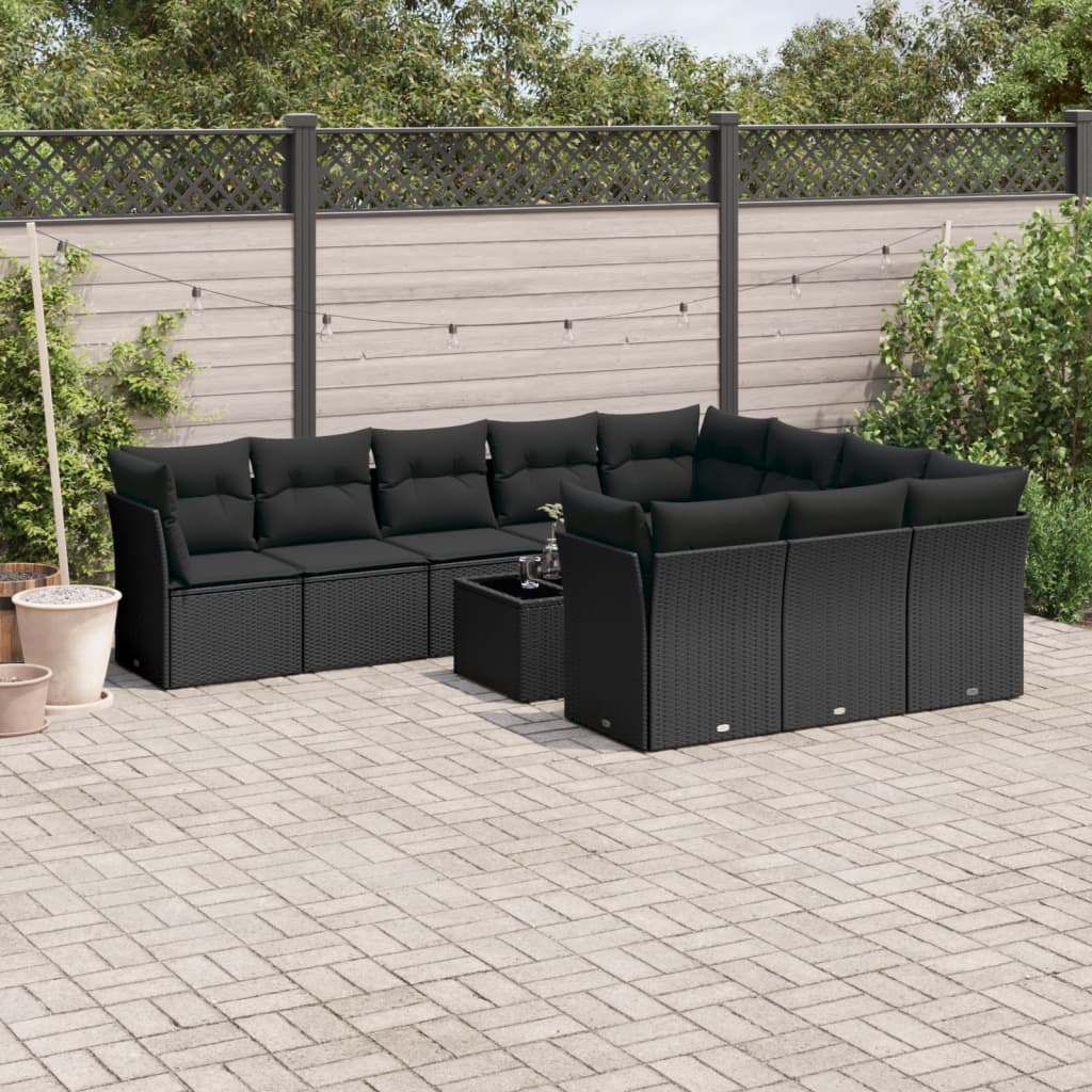 11 Piece Garden Sofa Set with Cushions Black Poly Rattan