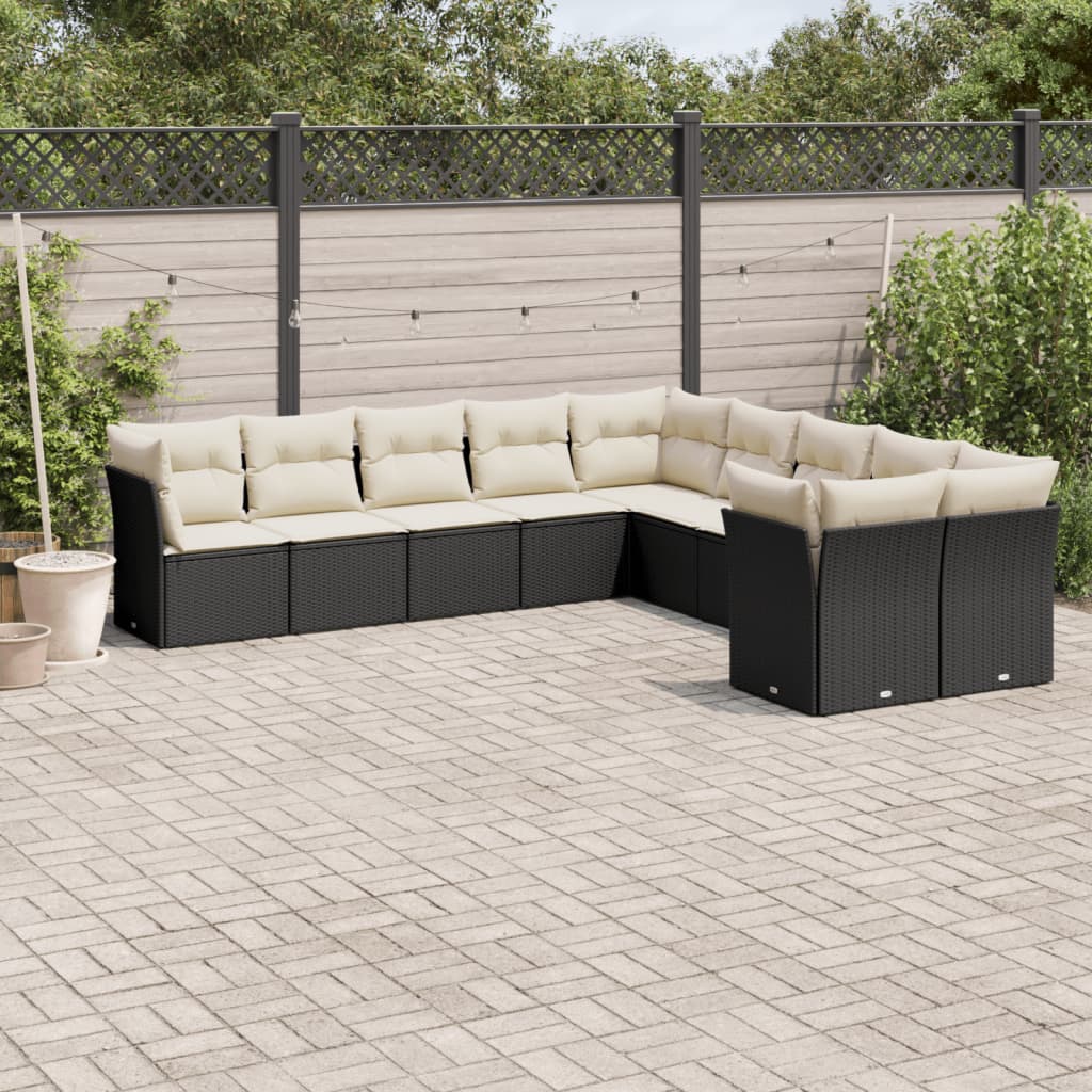 10 Piece Garden Sofa Set with Cushions Black Poly Rattan