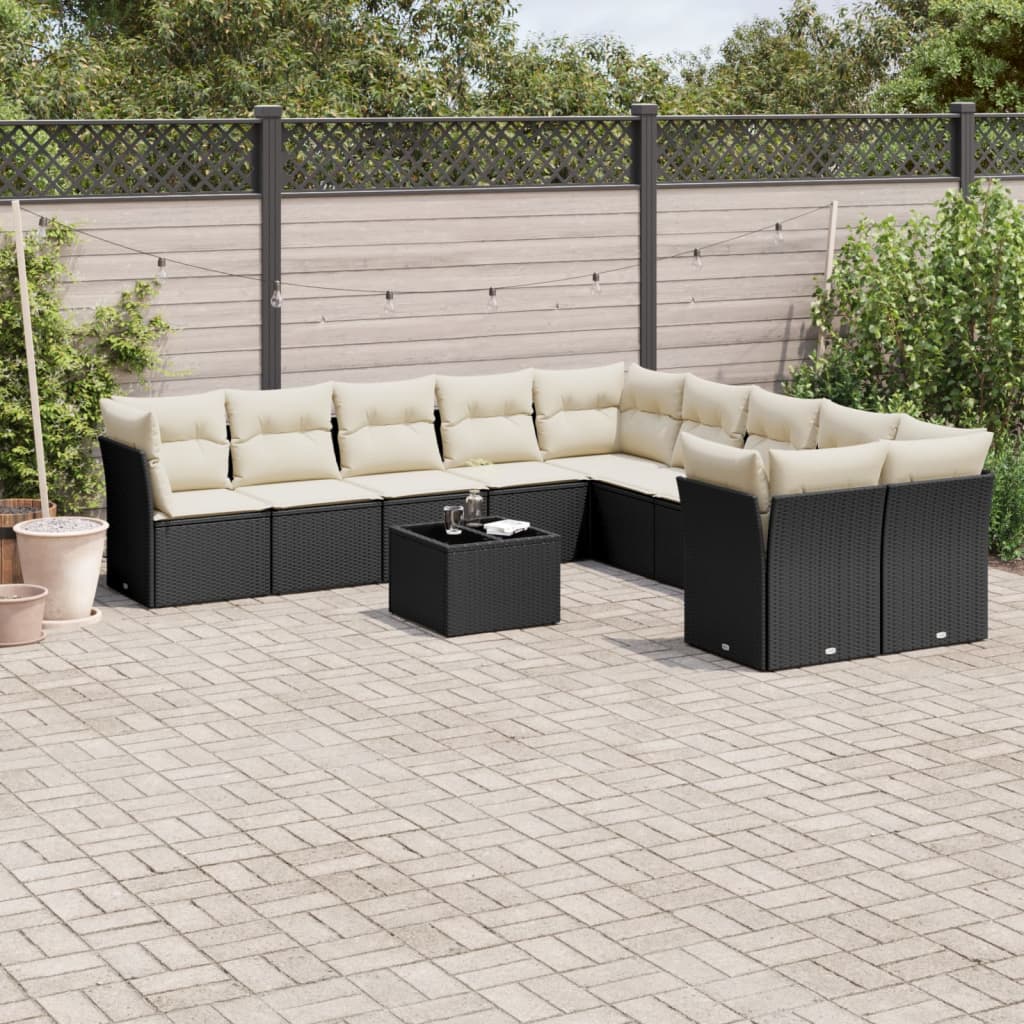 11 Piece Garden Sofa Set with Cushions Black Poly Rattan