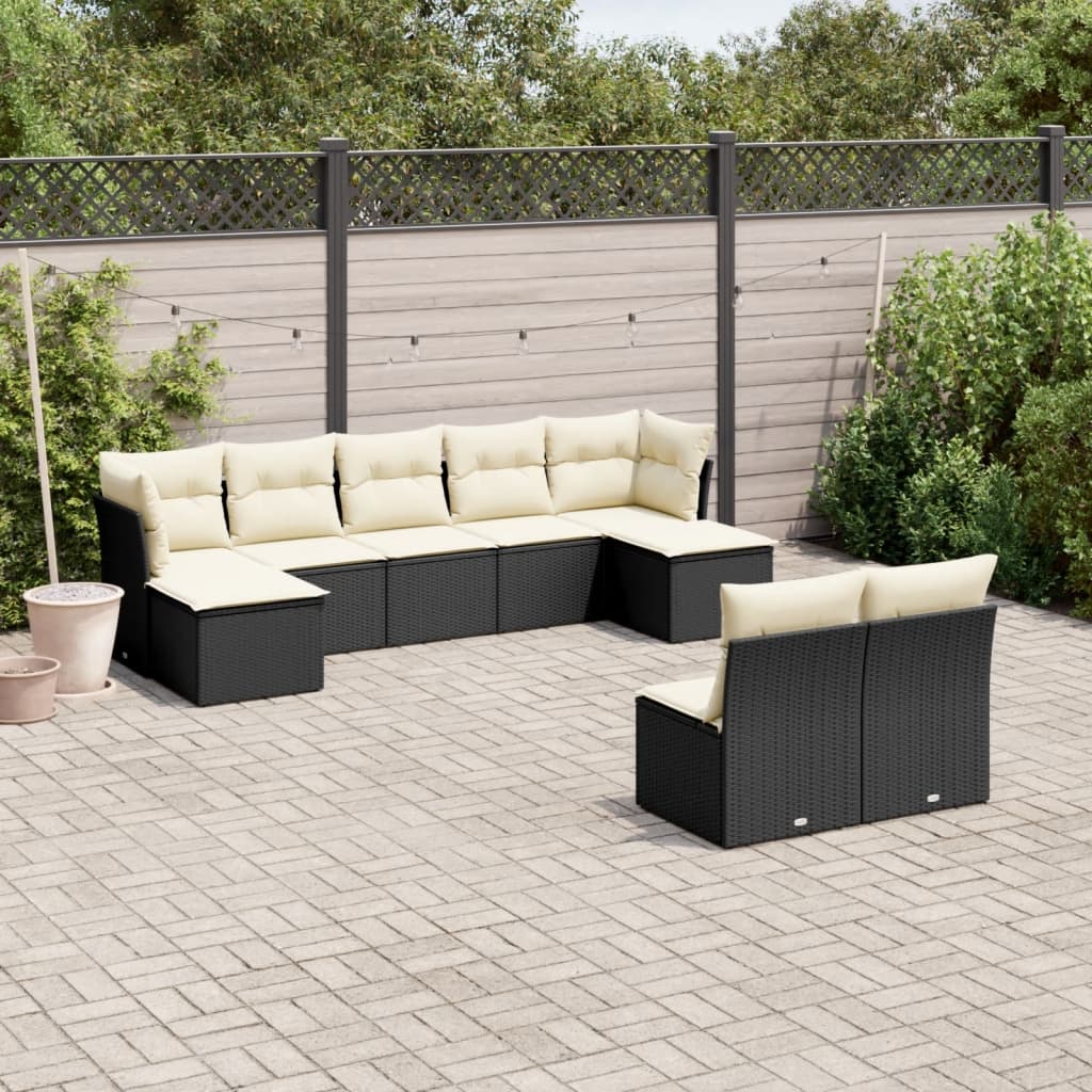 9 Piece Garden Sofa Set with Cushions Black Poly Rattan