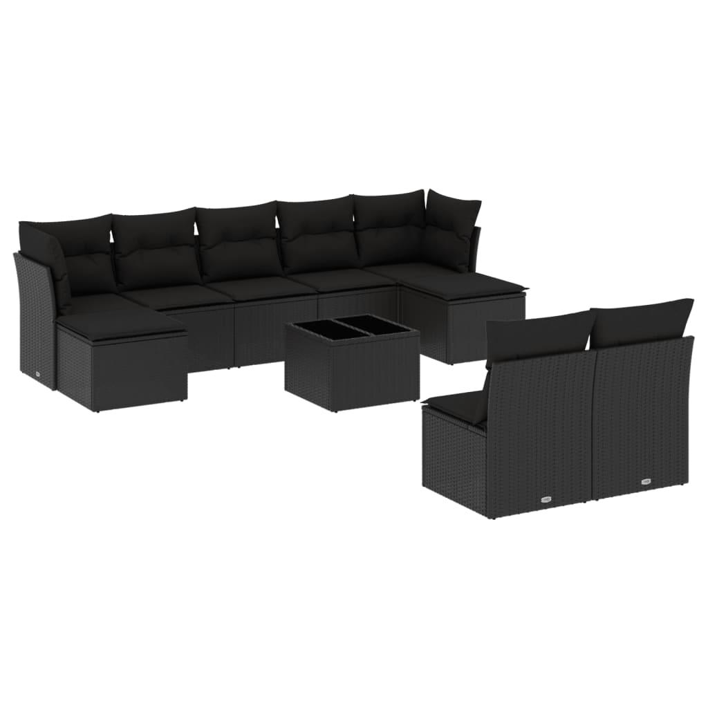 10 Piece Garden Sofa Set with Cushions Black Poly Rattan