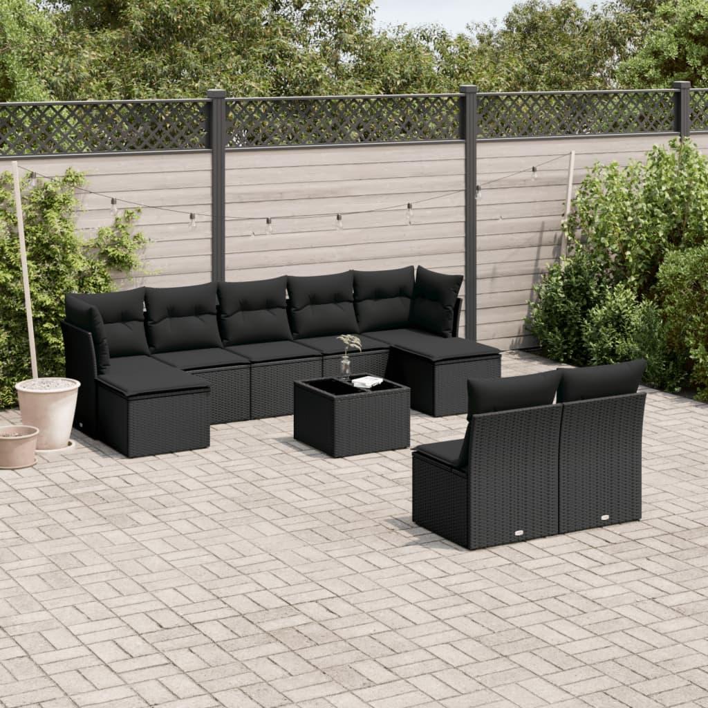 10 Piece Garden Sofa Set with Cushions Black Poly Rattan