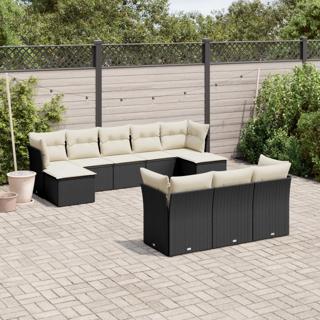 10 Piece Garden Sofa Set with Cushions Black Poly Rattan