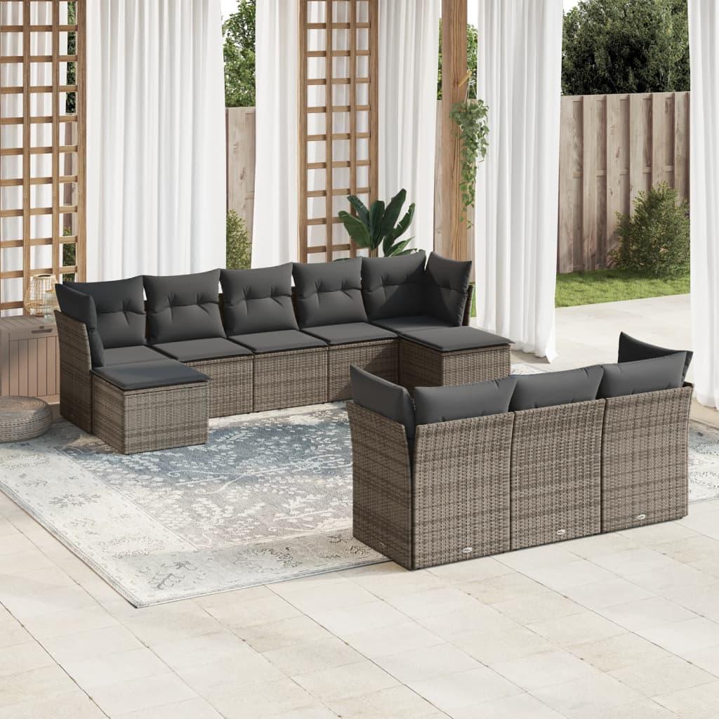 10 Piece Garden Sofa Set with Cushions Grey Poly Rattan