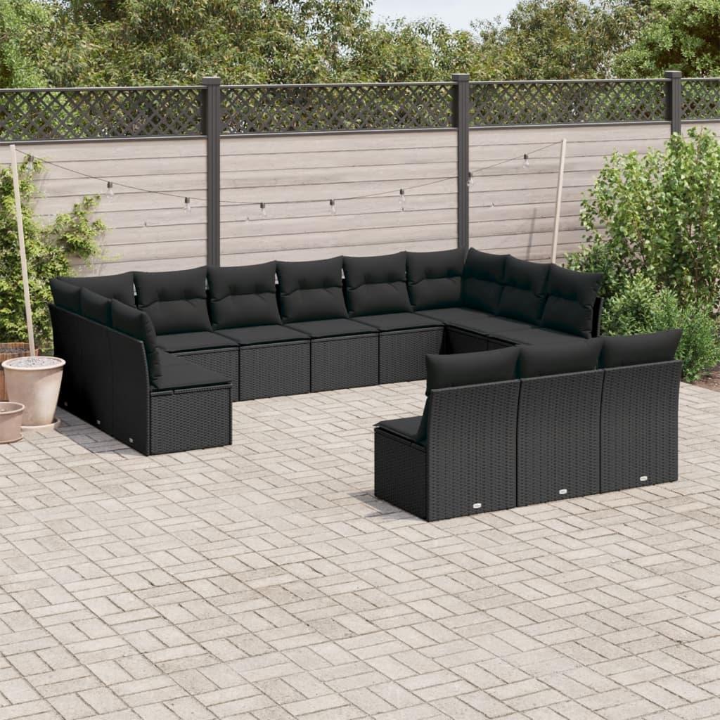 13 Piece Garden Sofa Set with Cushions Black Poly Rattan