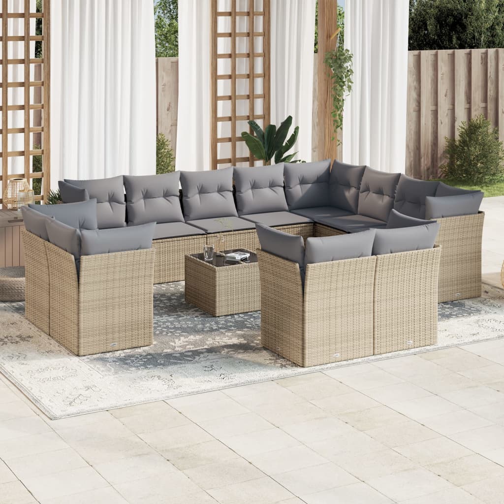 13 Piece Garden Sofa Set with Cushions Beige Poly Rattan
