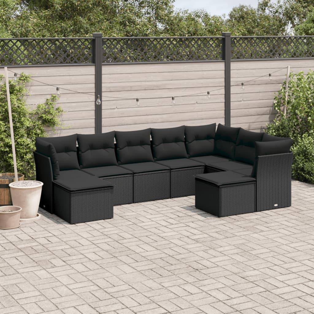 9 Piece Garden Sofa Set with Cushions Black Poly Rattan