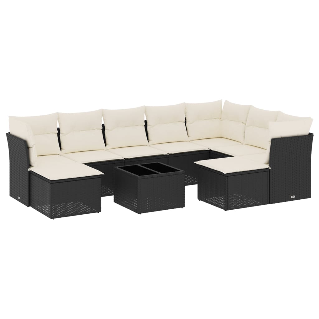 10 Piece Garden Sofa Set with Cushions Black Poly Rattan