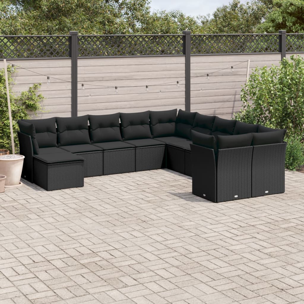 11 Piece Garden Sofa Set with Cushions Black Poly Rattan