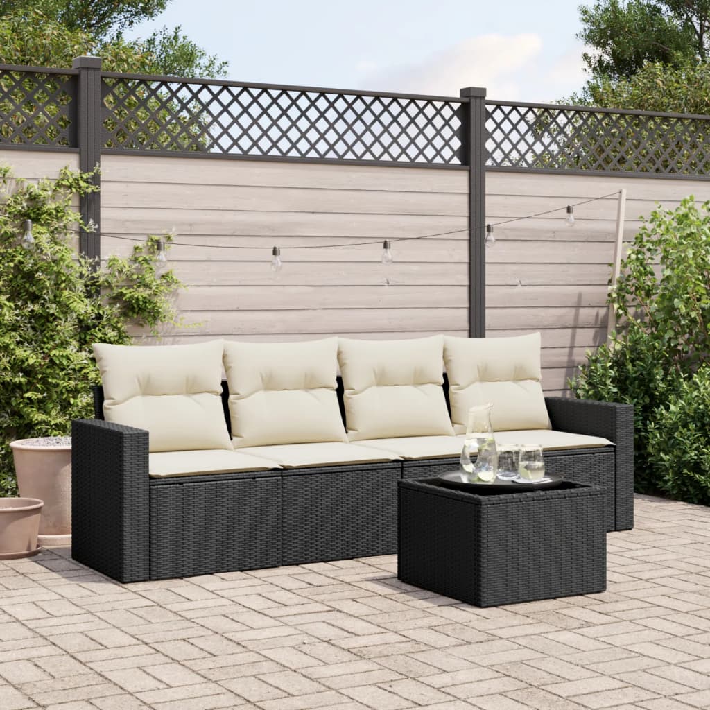 5 Piece Garden Sofa Set with Cushions Black Poly Rattan