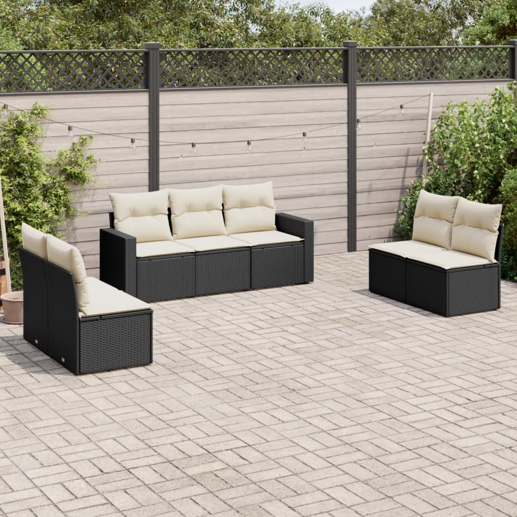 7 Piece Garden Sofa Set with Cushions Black Poly Rattan