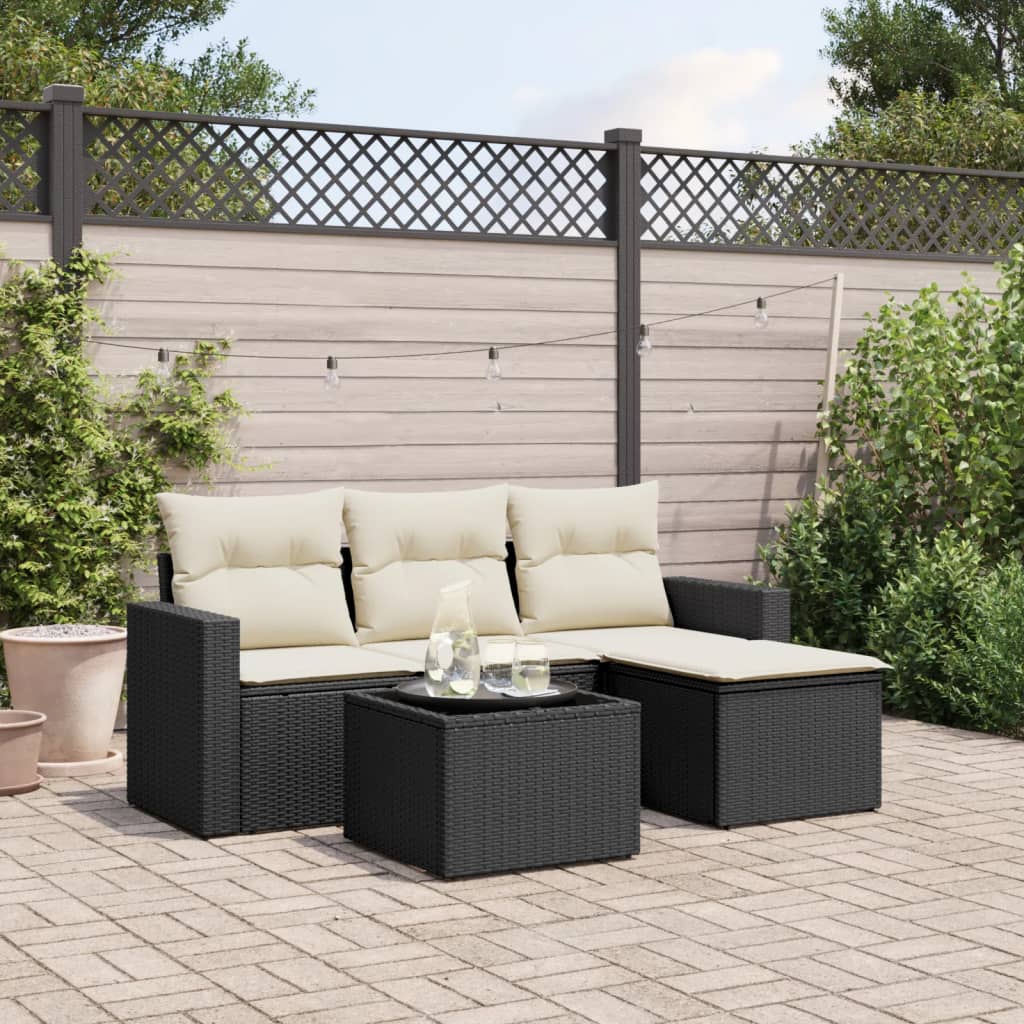 5 Piece Garden Sofa Set with Cushions Black Poly Rattan