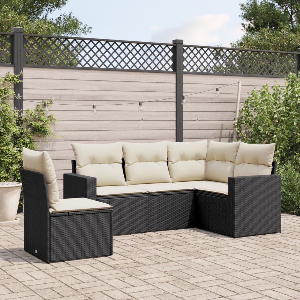 5 Piece Garden Sofa Set with Cushions Black Poly Rattan