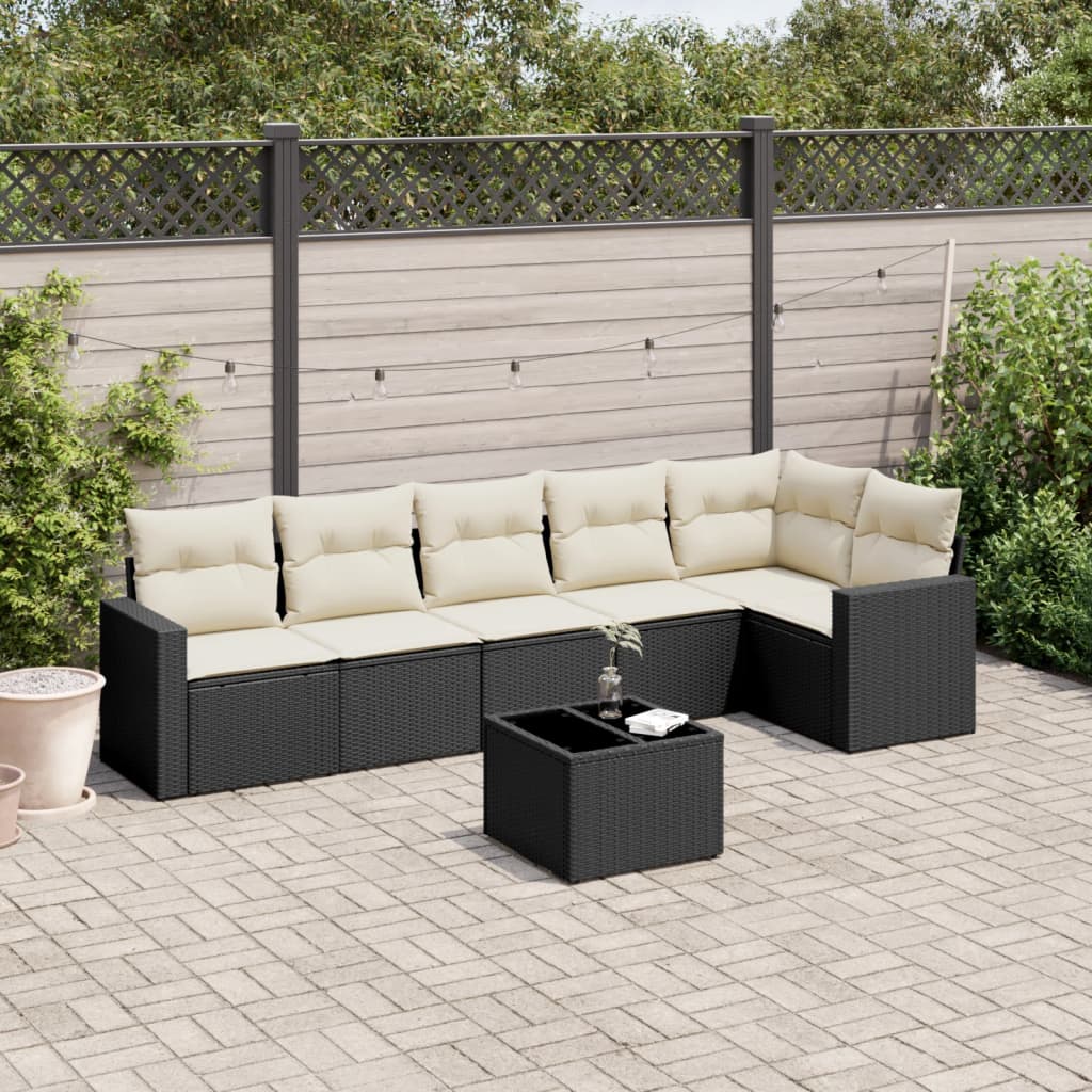 7 Piece Garden Sofa Set with Cushions Black Poly Rattan