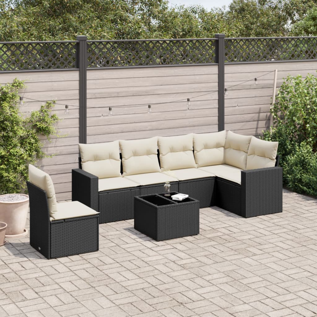 7 Piece Garden Sofa Set with Cushions Black Poly Rattan