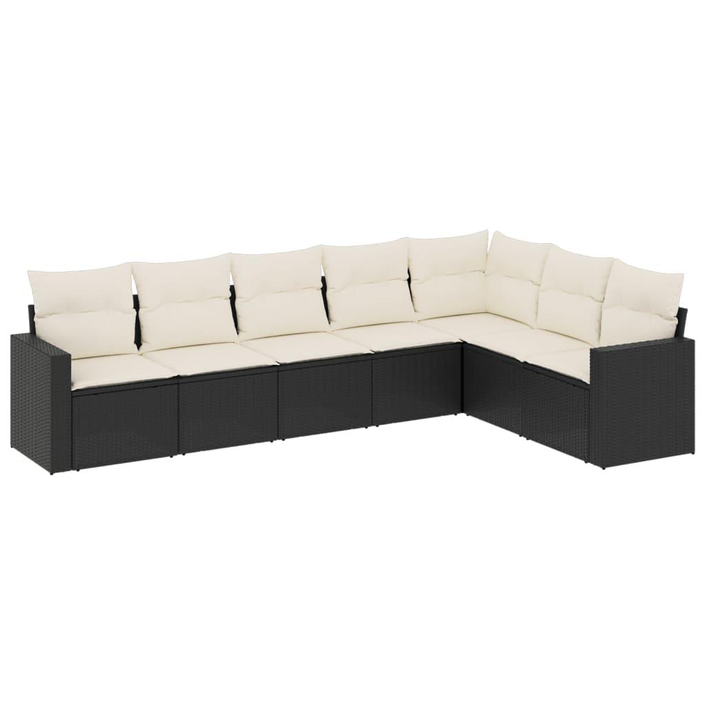 7 Piece Garden Sofa Set with Cushions Black Poly Rattan