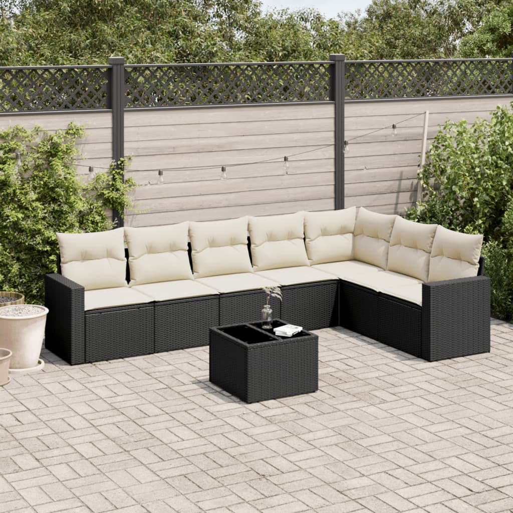 8 Piece Garden Sofa Set with Cushions Black Poly Rattan