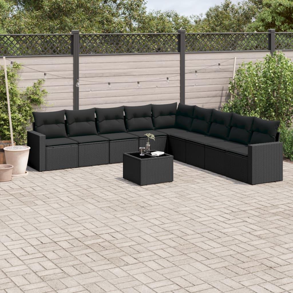 10 Piece Garden Sofa Set with Cushions Black Poly Rattan