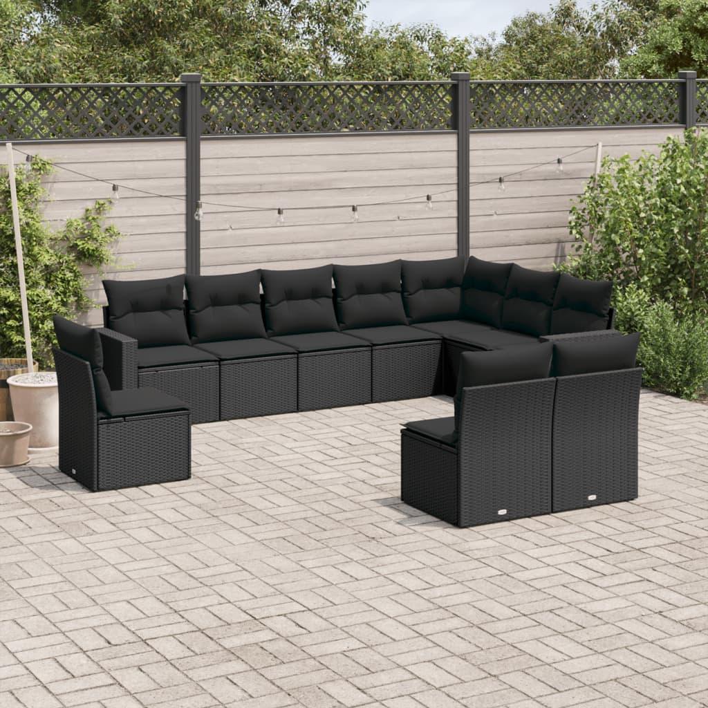 10 Piece Garden Sofa Set with Cushions Black Poly Rattan