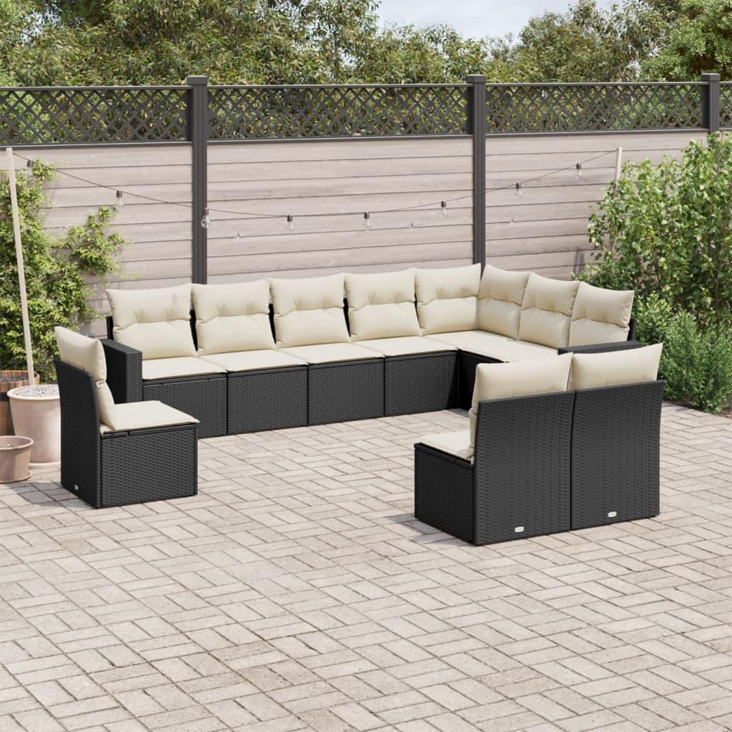 10 Piece Garden Sofa Set with Cushions Black Poly Rattan