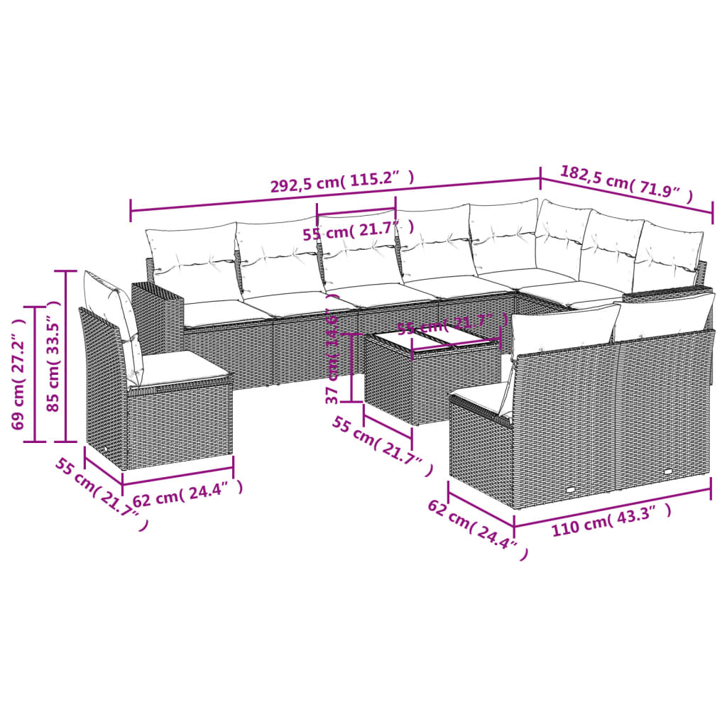 11 Piece Garden Sofa Set with Cushions Grey Poly Rattan