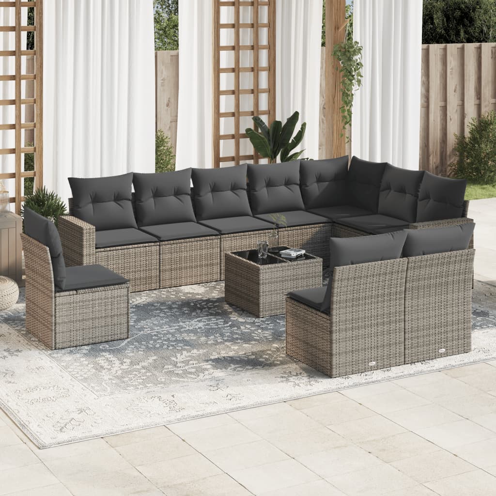 11 Piece Garden Sofa Set with Cushions Grey Poly Rattan