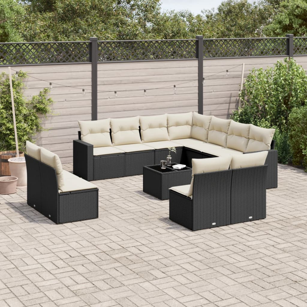 12 Piece Garden Sofa Set with Cushions Black Poly Rattan