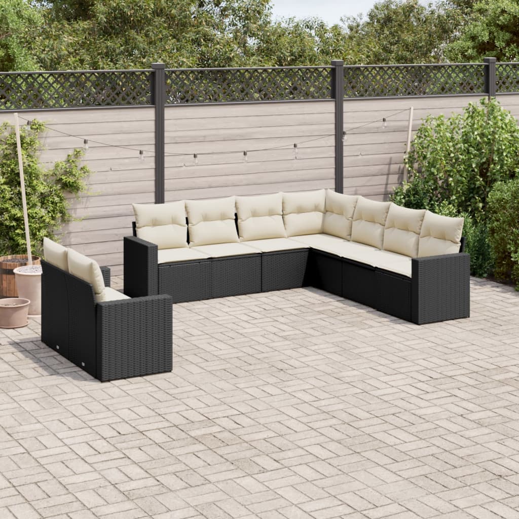 9 Piece Garden Sofa Set with Cushions Black Poly Rattan