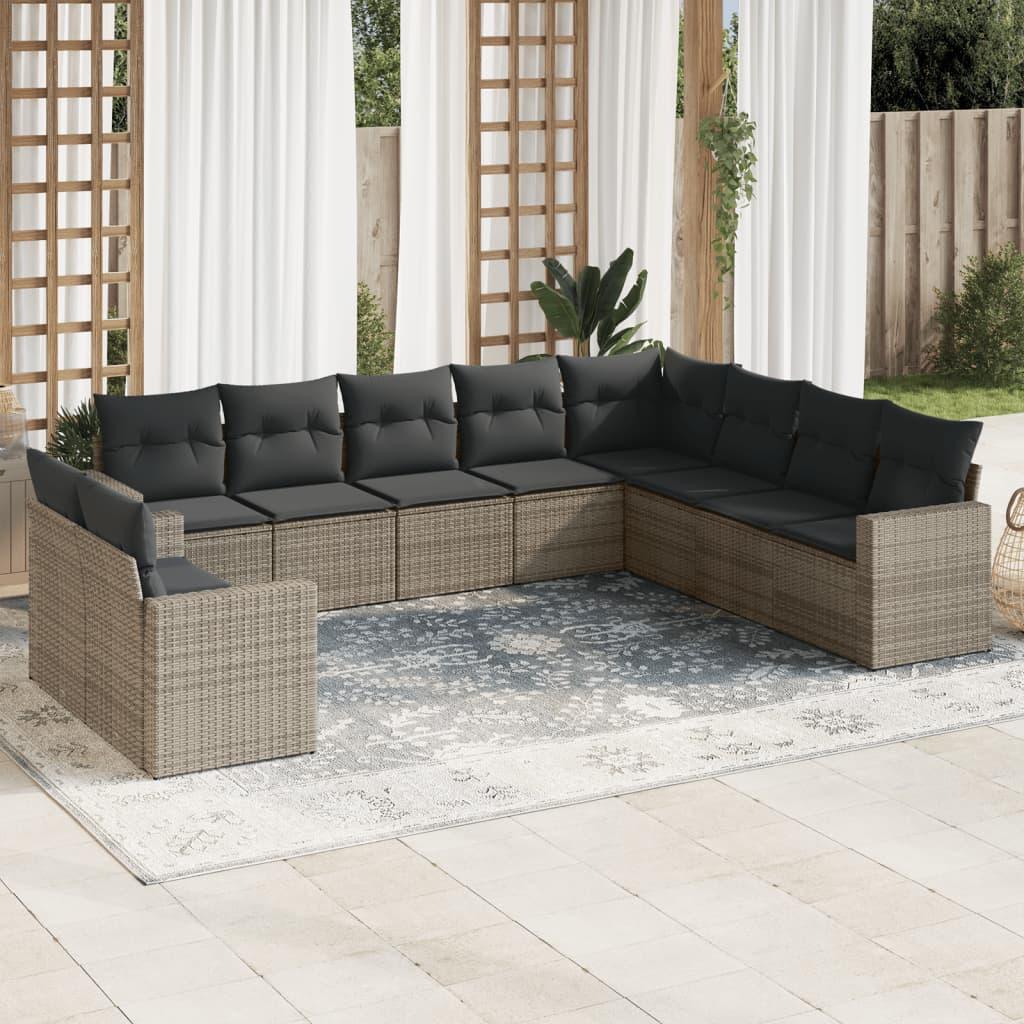 10 Piece Garden Sofa Set with Cushions Grey Poly Rattan