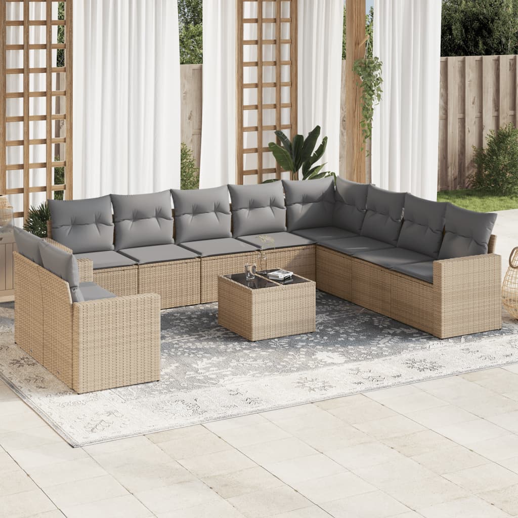 11 Piece Garden Sofa Set with Cushions Beige Poly Rattan