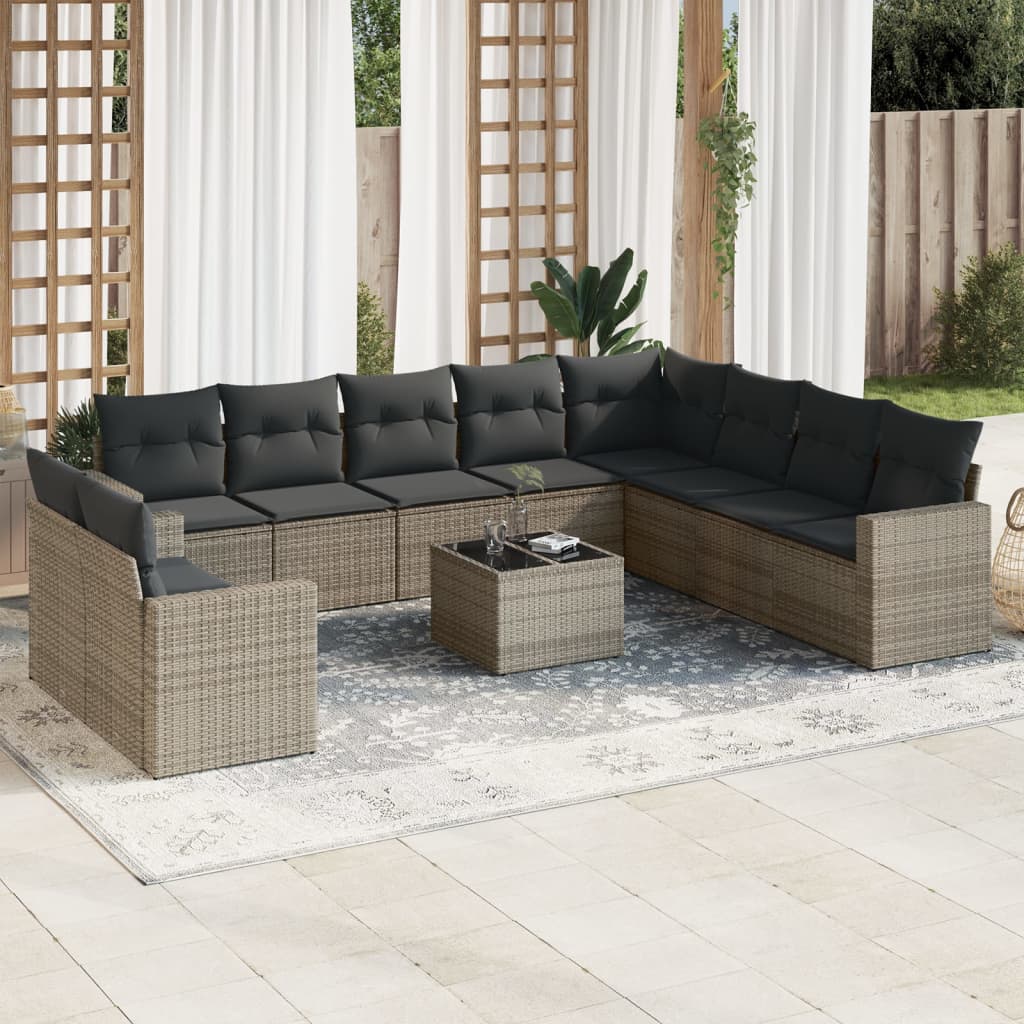 11 Piece Garden Sofa Set with Cushions Grey Poly Rattan