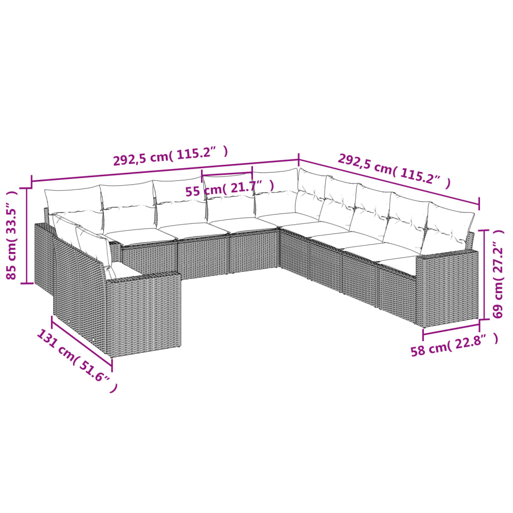 11 Piece Garden Sofa Set with Cushions Grey Poly Rattan