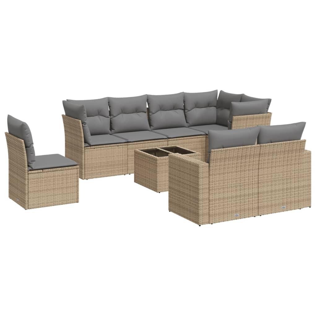 9 Piece Garden Sofa Set with Cushions Beige Poly Rattan