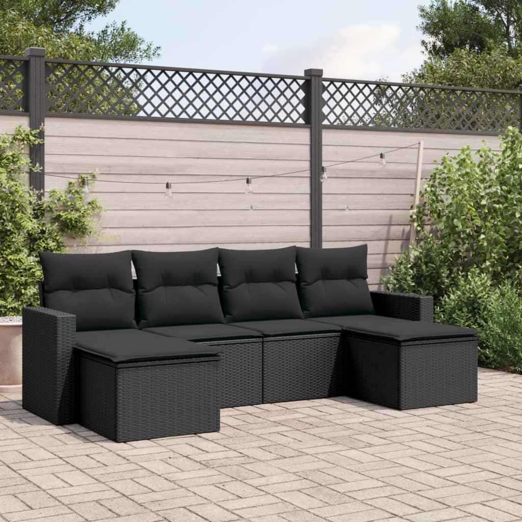 6 Piece Garden Sofa Set with Cushions Black Poly Rattan