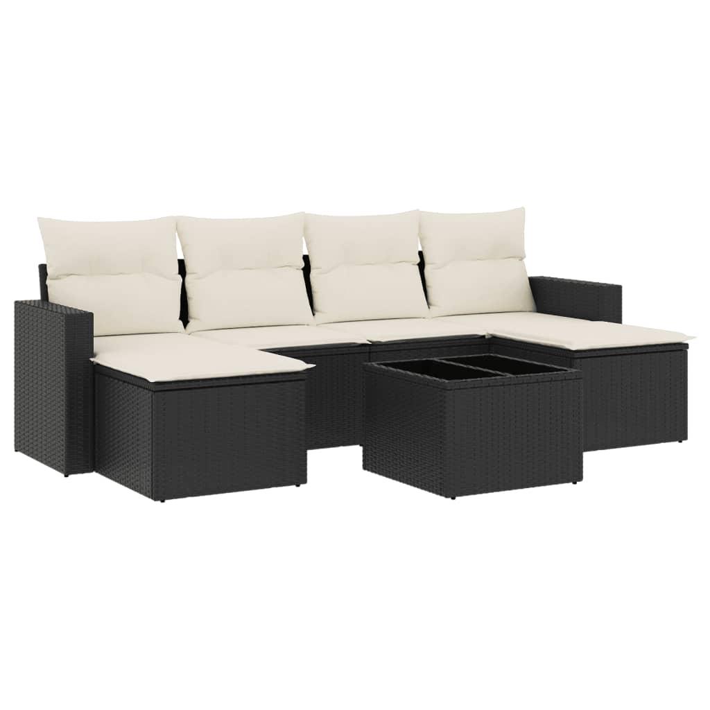 7 Piece Garden Sofa Set with Cushions Black Poly Rattan
