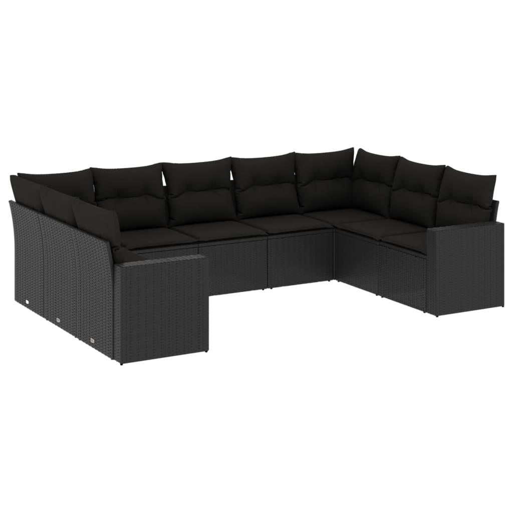 9 Piece Garden Sofa Set with Cushions Black Poly Rattan