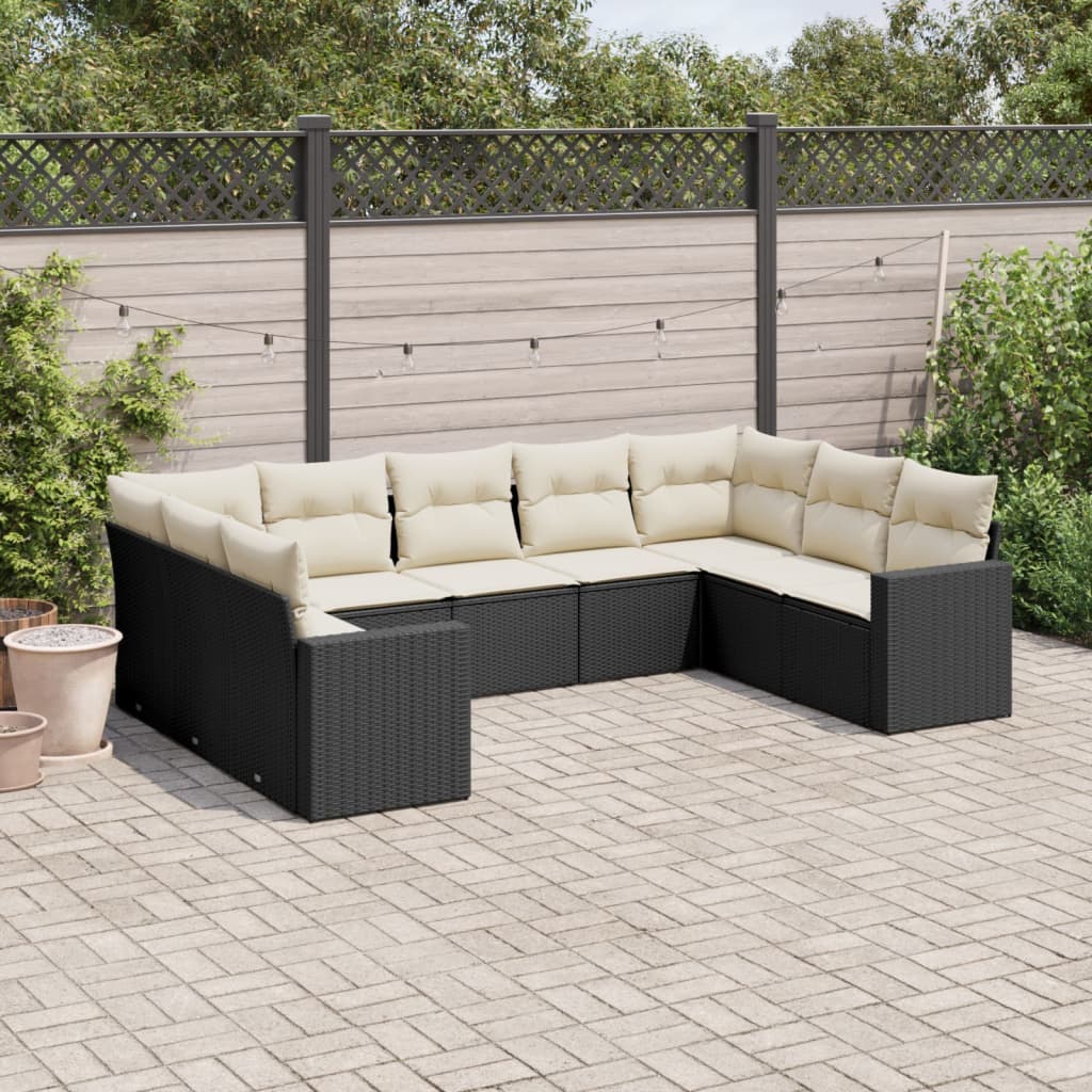 9 Piece Garden Sofa Set with Cushions Black Poly Rattan