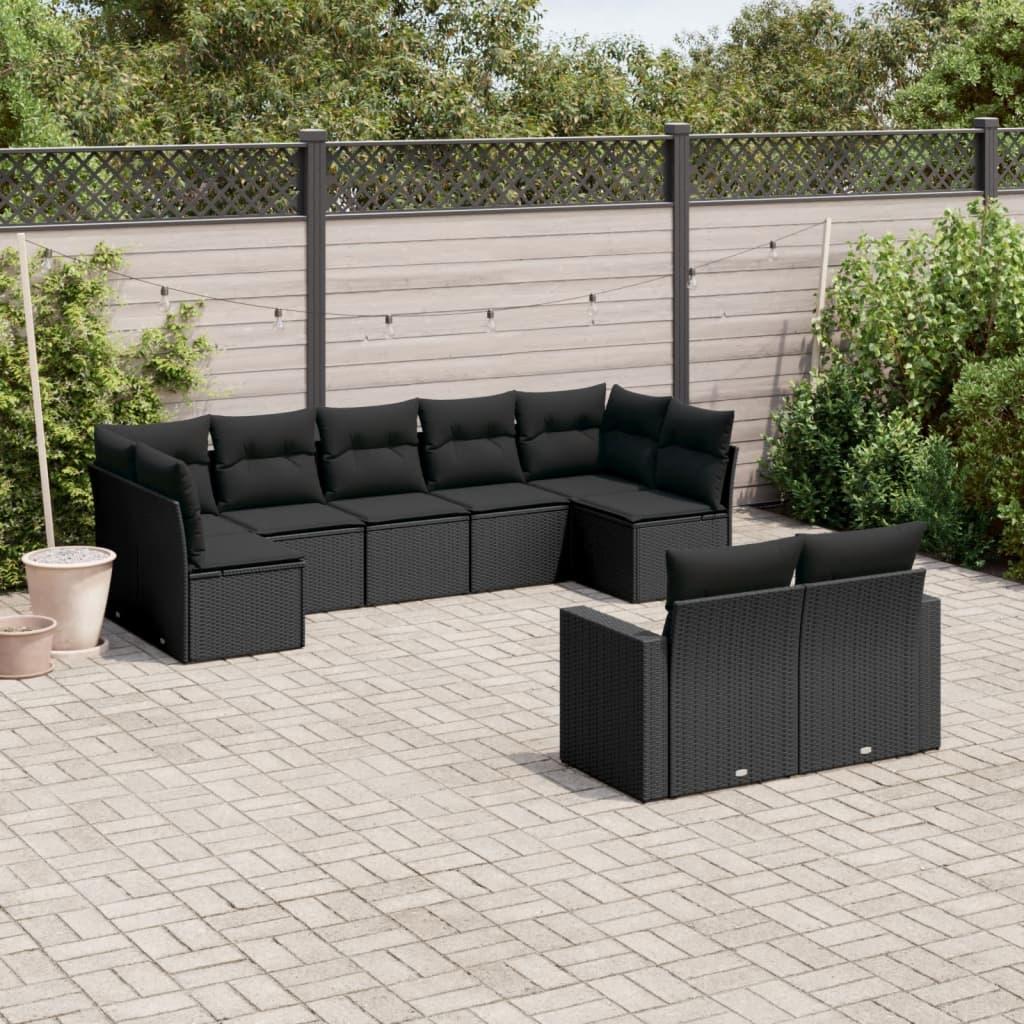 9 Piece Garden Sofa Set with Cushions Black Poly Rattan